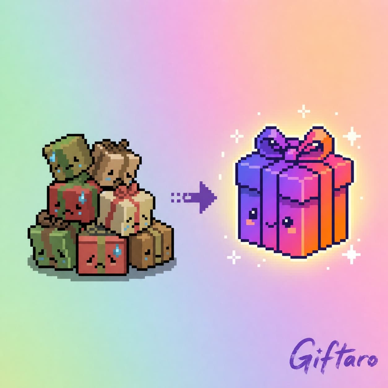 A sad pile of mismatched gifts on the left, transforming into one big, glowing, smiling gift on the right.